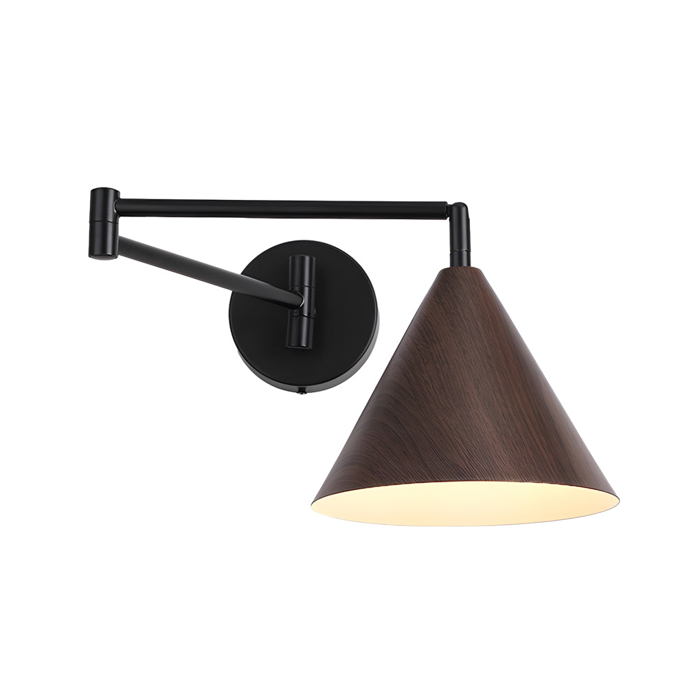 Mid Century Modern Cone Swing Arm Wall Sconce Adjustable Wood Grain Finish Bedside Lamp