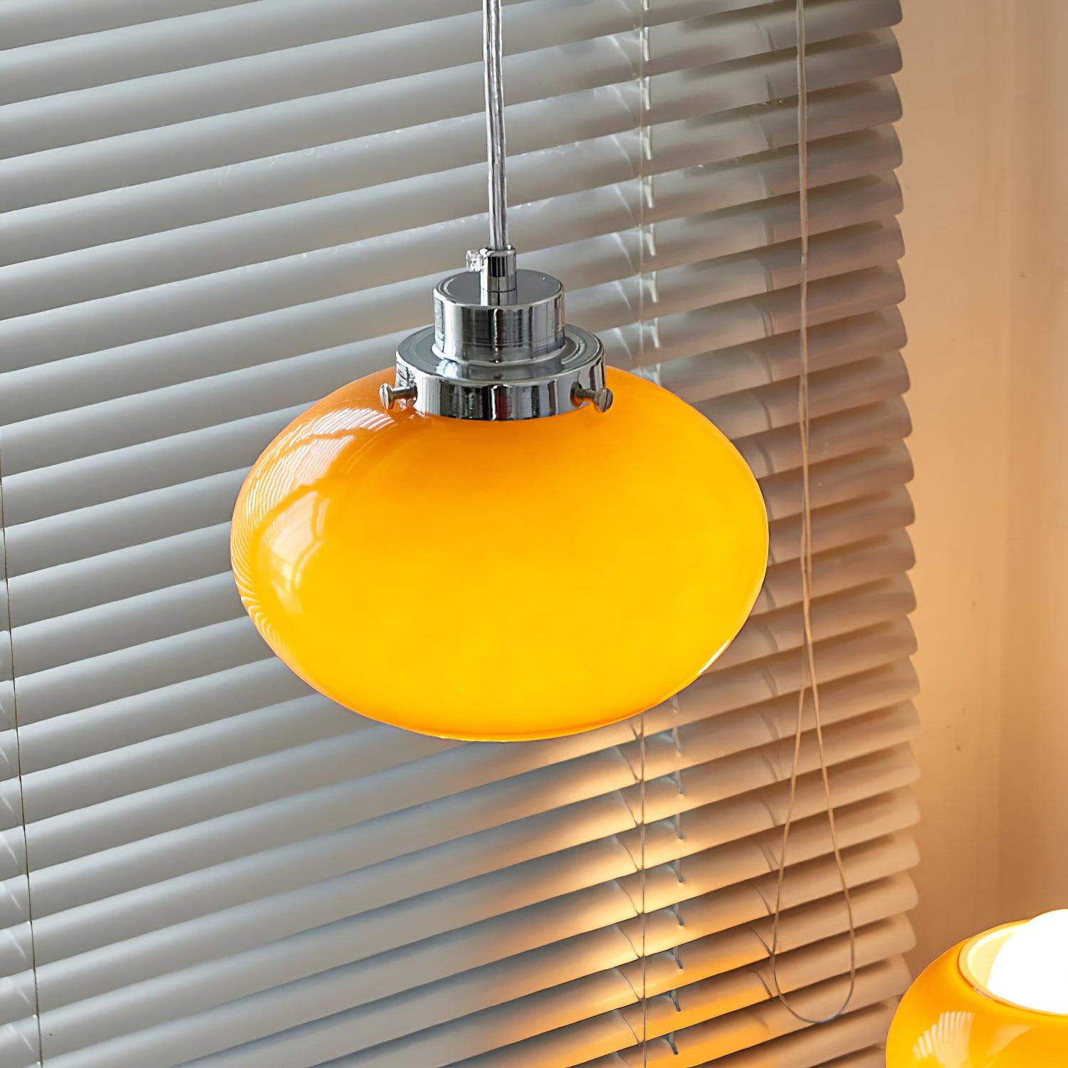 Mid Century Modern Dark Orange Glass Oval Persimmon Pendant Light Chrome Finish