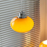 Mid Century Modern Dark Orange Glass Oval Persimmon Pendant Light Chrome Finish