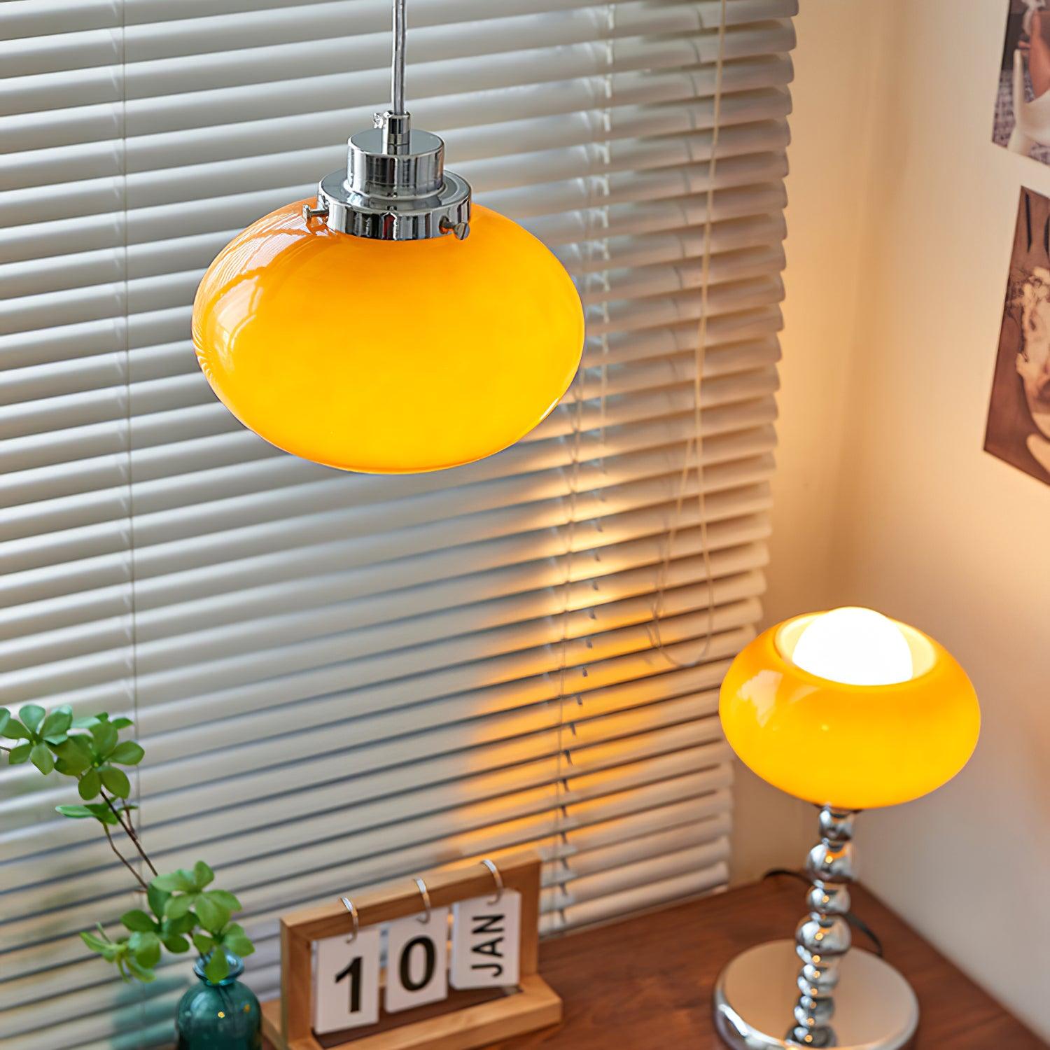 Mid Century Modern Dark Orange Glass Oval Persimmon Pendant Light Chrome Finish