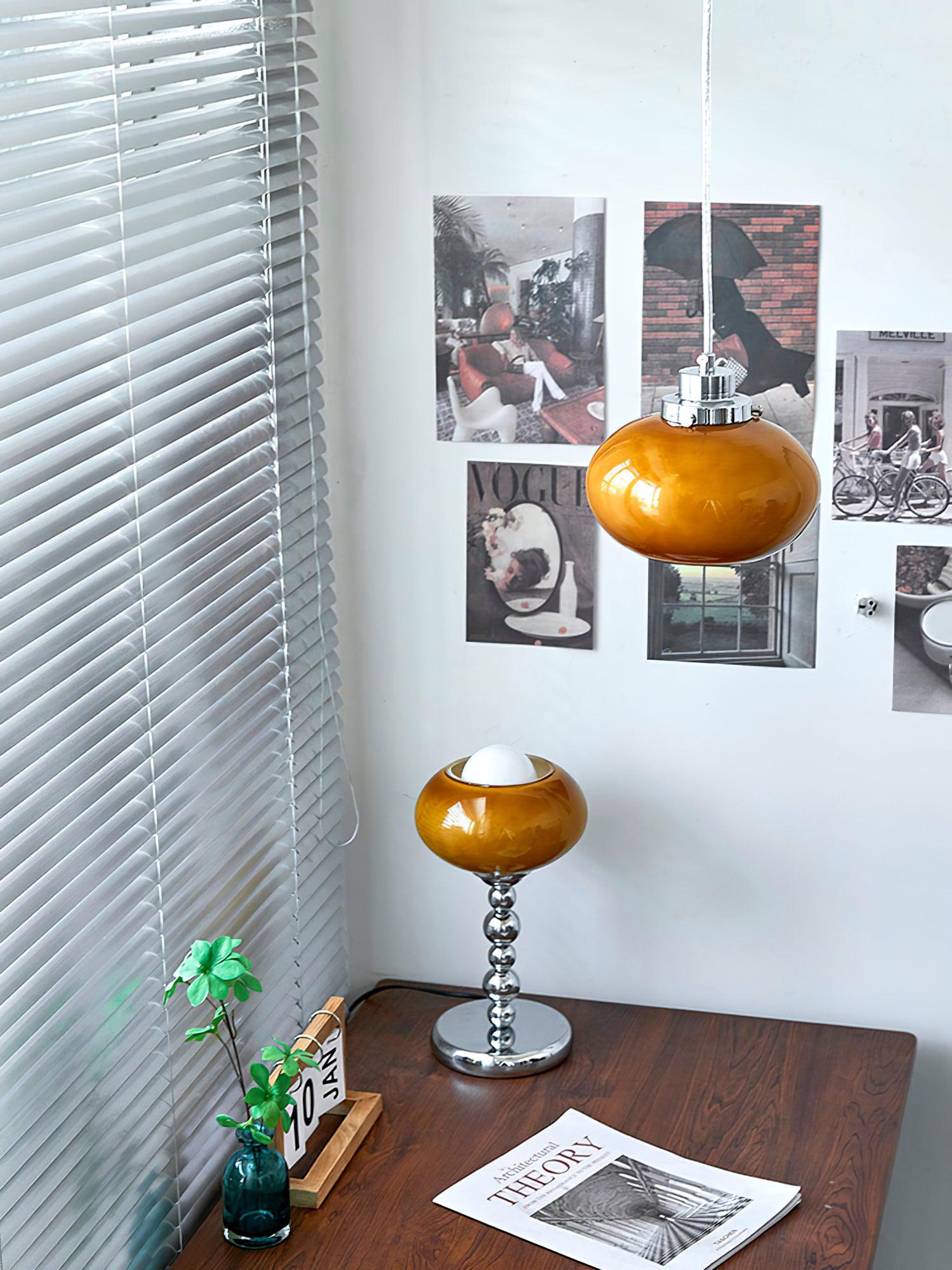 Mid Century Modern Dark Orange Glass Oval Persimmon Pendant Light Chrome Finish