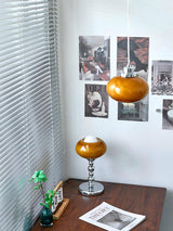 Mid Century Modern Dark Orange Glass Oval Persimmon Pendant Light Chrome Finish