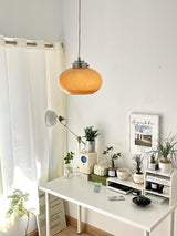 Mid Century Modern Dark Orange Glass Oval Persimmon Pendant Light Chrome Finish