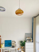 Mid Century Modern Dark Orange Glass Oval Persimmon Pendant Light Chrome Finish