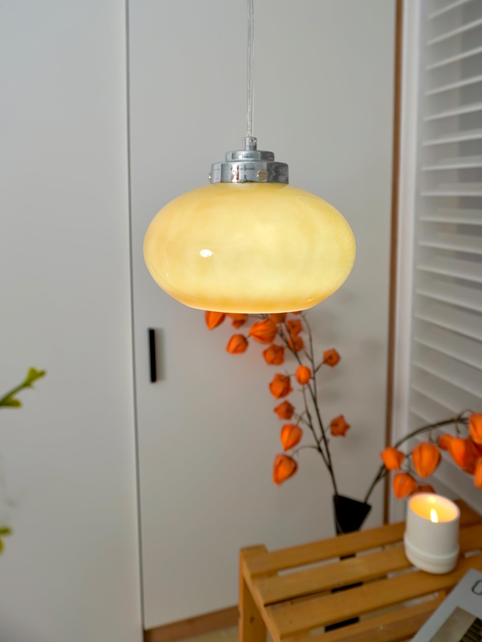 Mid Century Modern Dark Orange Glass Oval Persimmon Pendant Light Chrome Finish