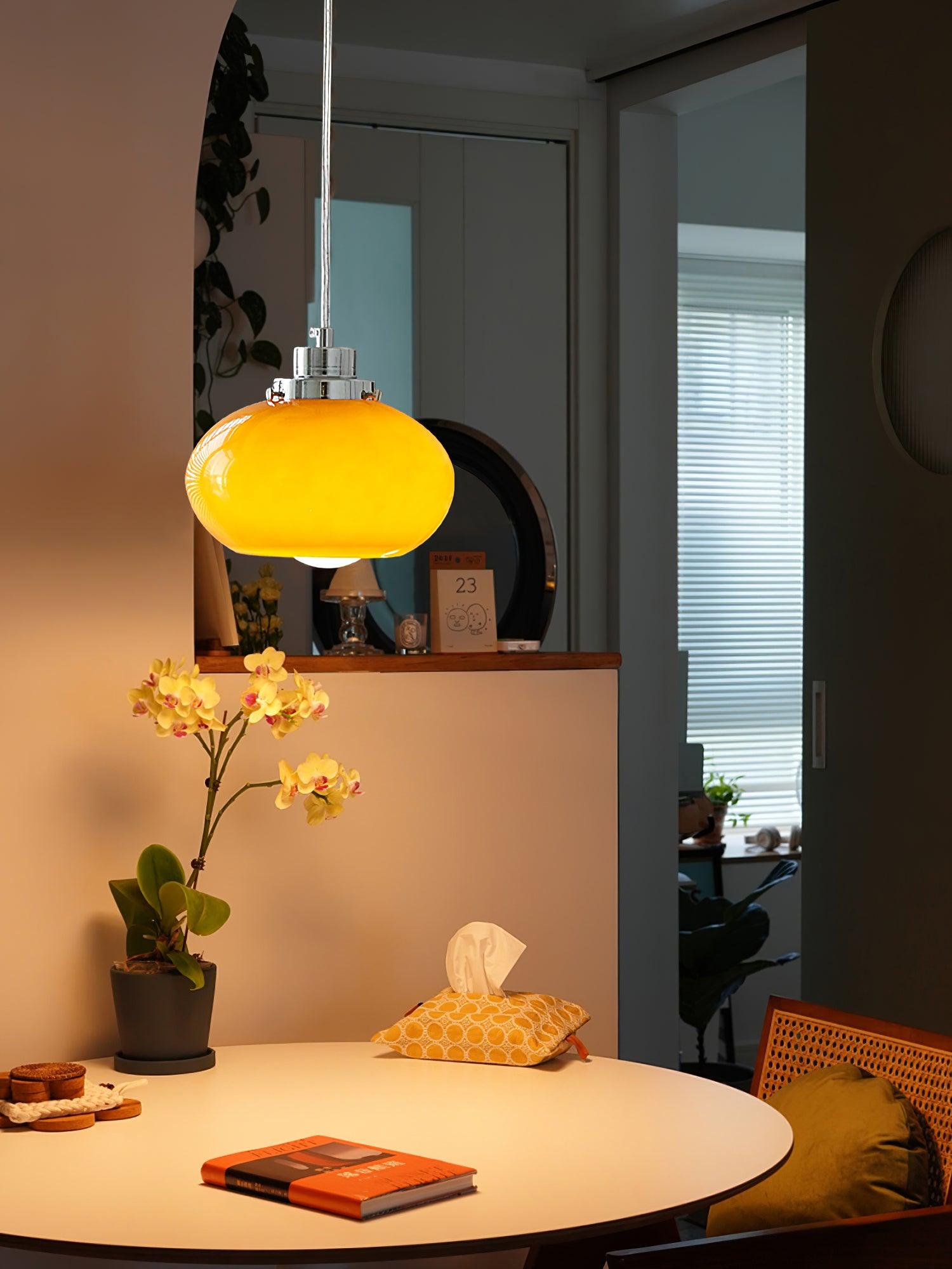 Mid Century Modern Dark Orange Glass Oval Persimmon Pendant Light Chrome Finish