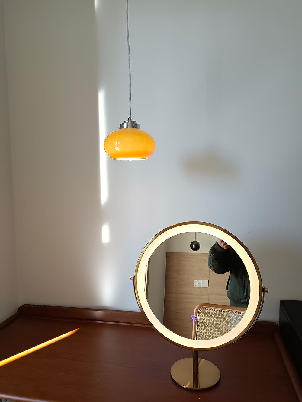 Mid Century Modern Dark Orange Glass Oval Persimmon Pendant Light Chrome Finish