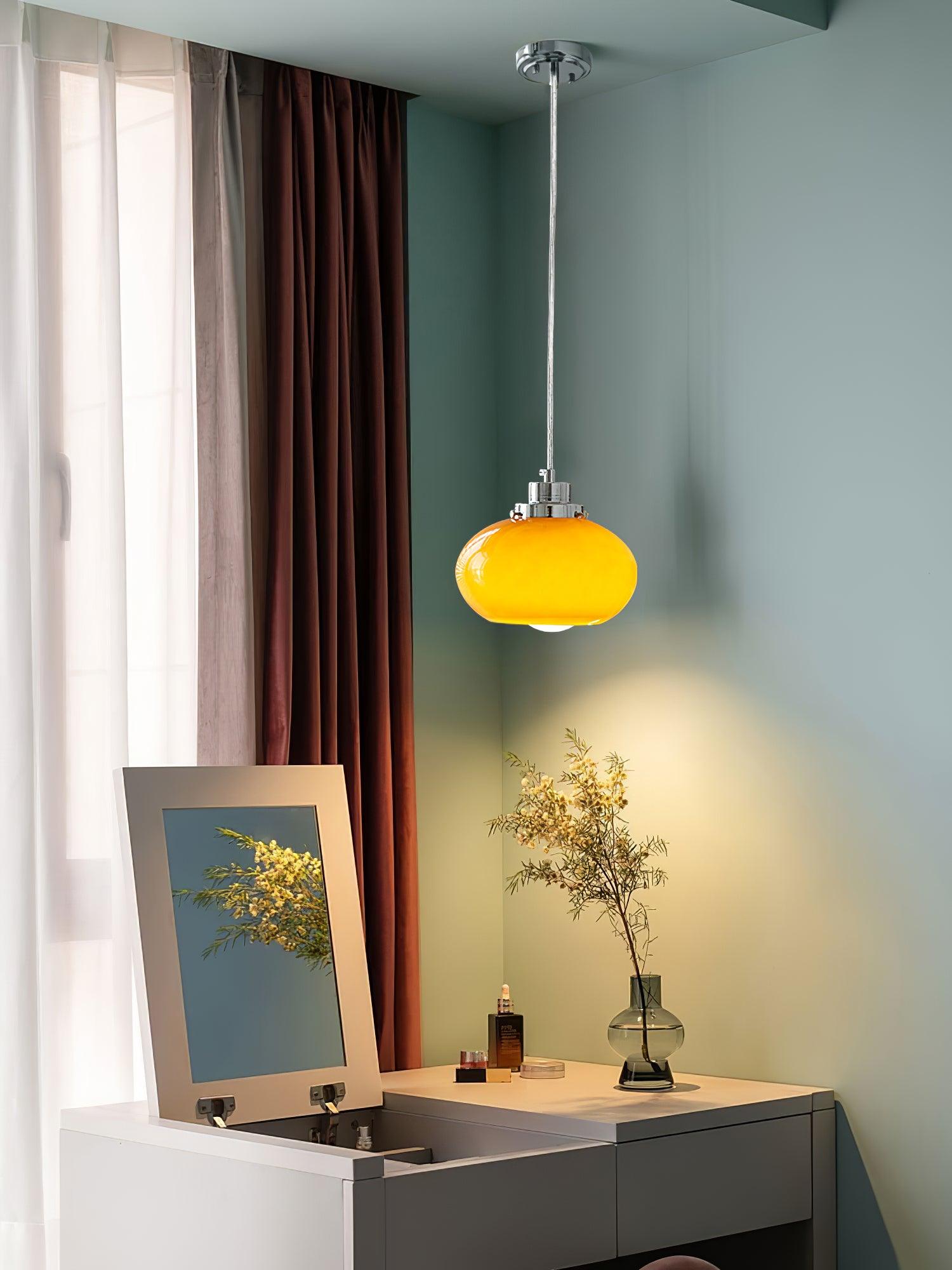 Mid Century Modern Dark Orange Glass Oval Persimmon Pendant Light Chrome Finish