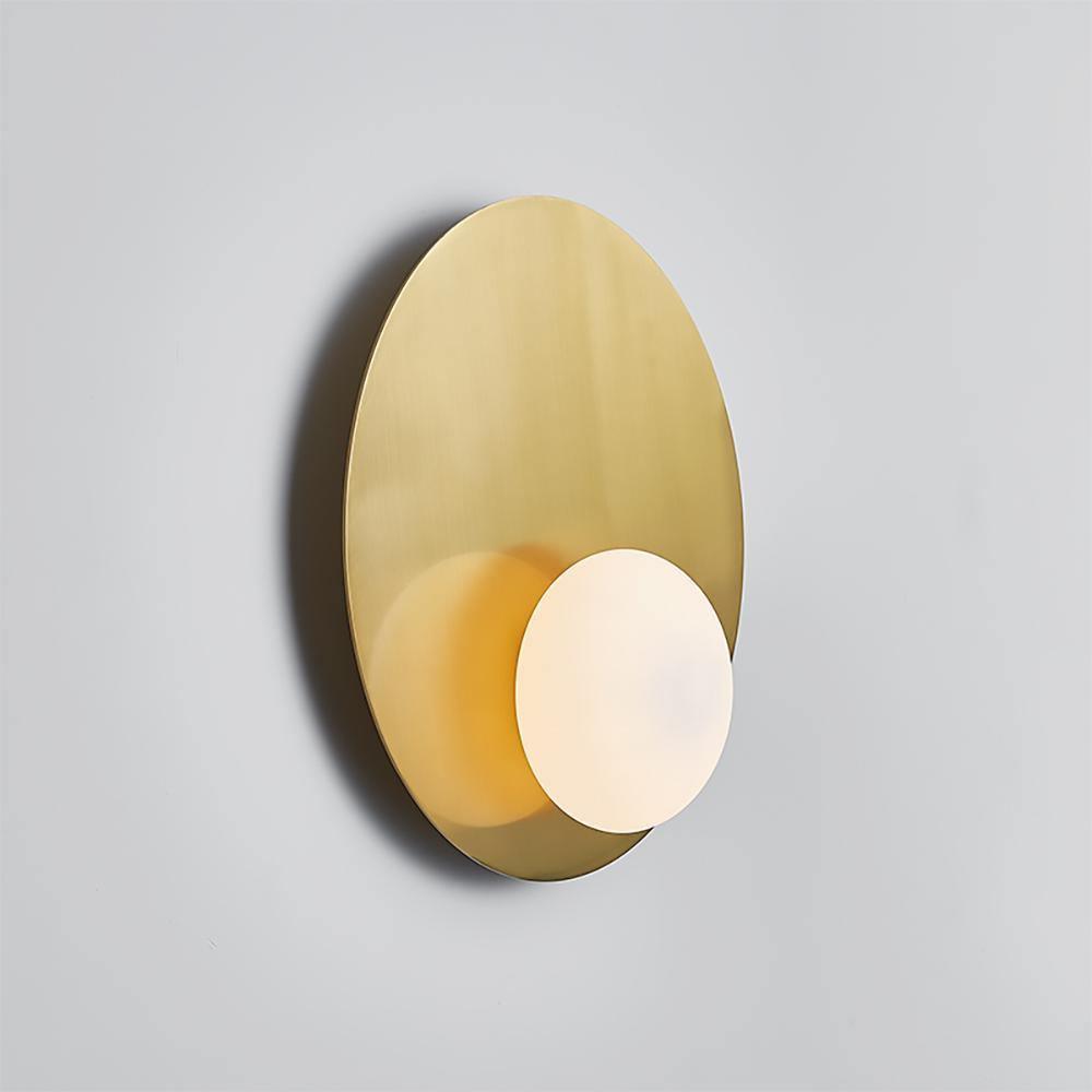 Mid Century Modern Nodes Geometric Wall Sconce with Milk Glass Globe and Metal Disc Lighting