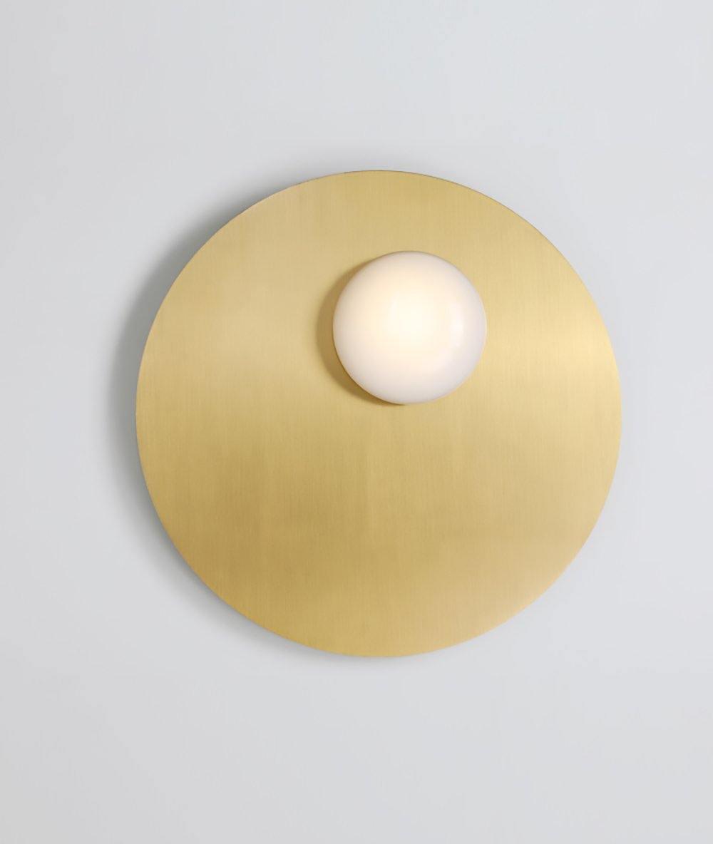 Mid Century Modern Nodes Geometric Wall Sconce with Milk Glass Globe and Metal Disc Lighting