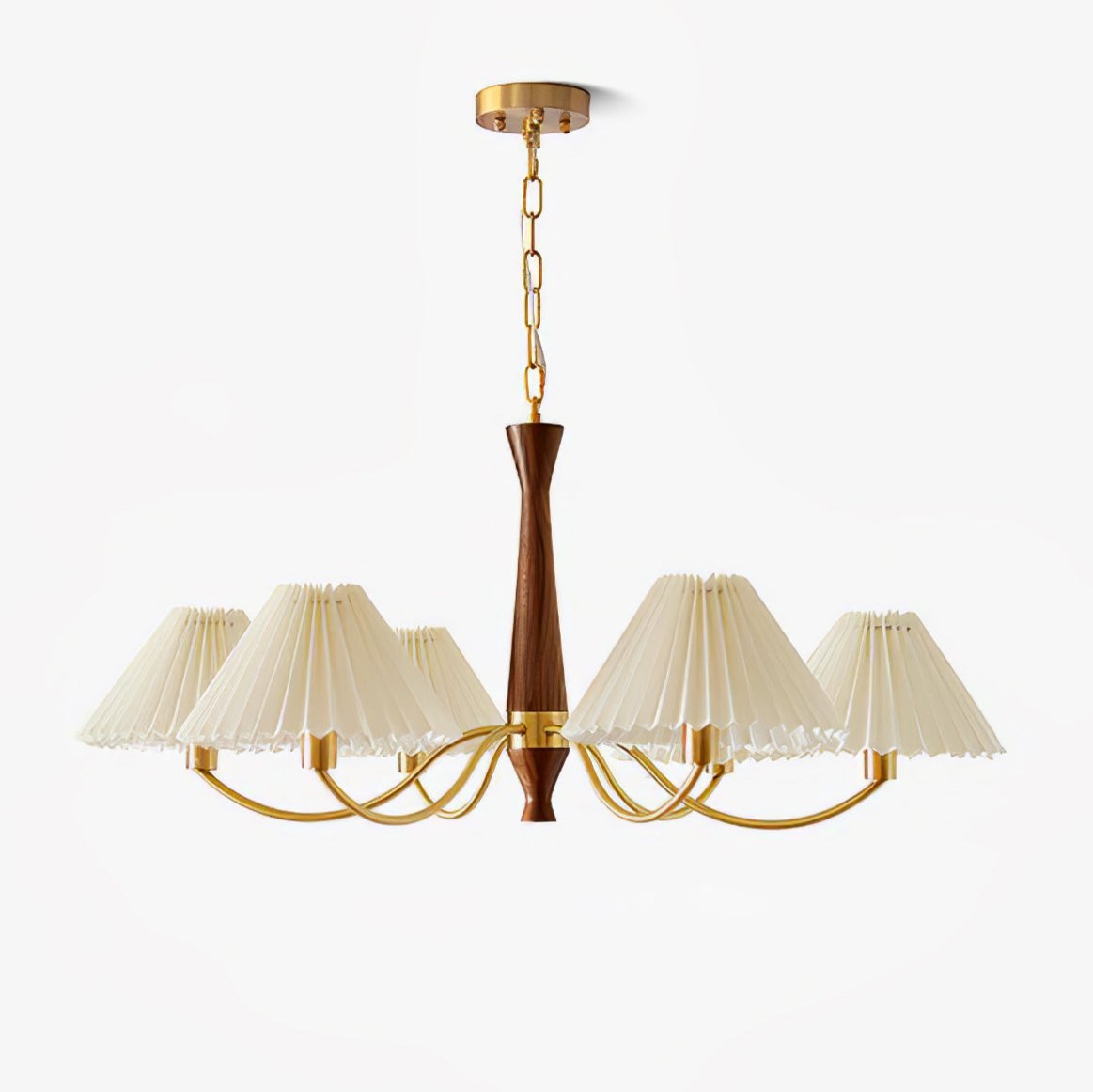 Mid Century Modern Pleated Fabric Chandelier with Walnut Wood and Brass Arms