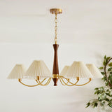 Mid Century Modern Pleated Fabric Chandelier with Walnut Wood and Brass Arms