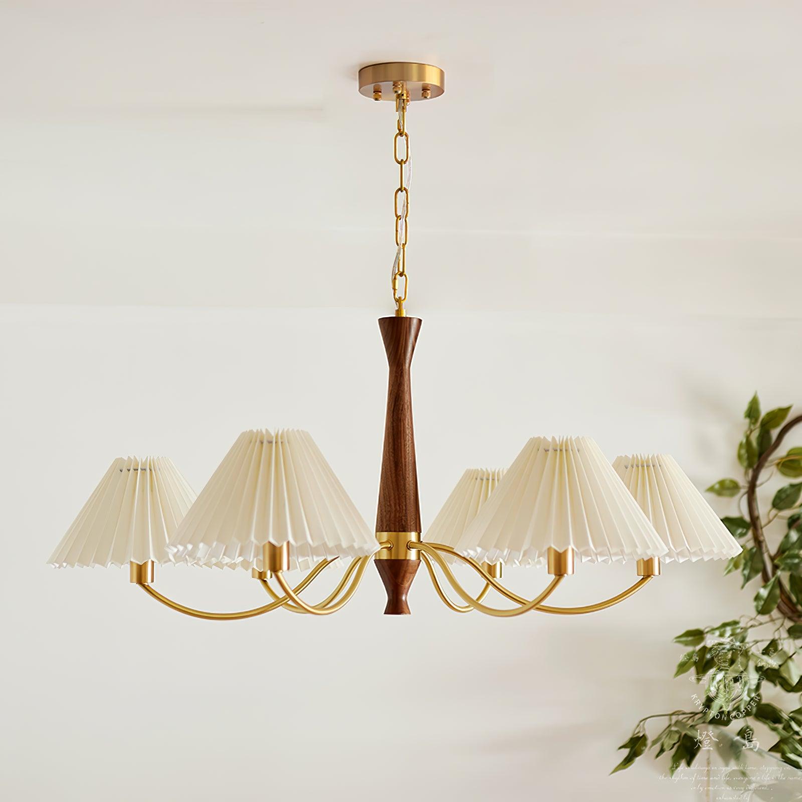 Mid Century Modern Pleated Fabric Chandelier with Walnut Wood and Brass Arms