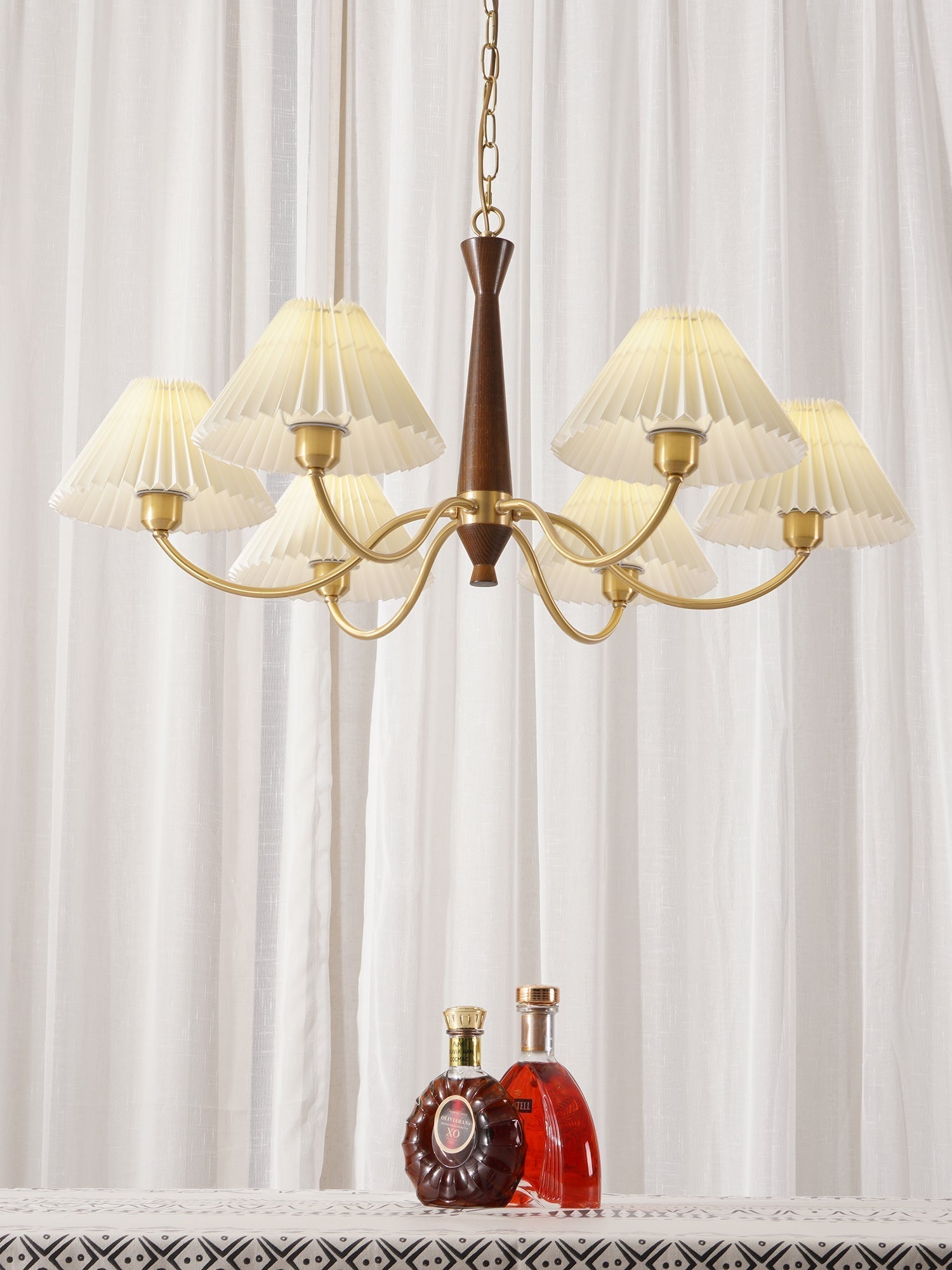 Mid Century Modern Pleated Fabric Chandelier with Walnut Wood and Brass Arms