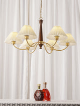Mid Century Modern Pleated Fabric Chandelier with Walnut Wood and Brass Arms