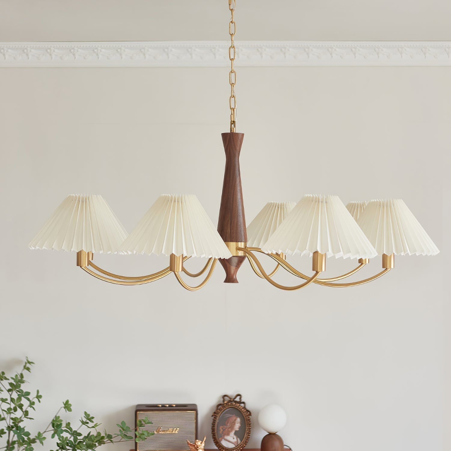 Mid Century Modern Pleated Fabric Chandelier with Walnut Wood and Brass Arms