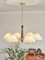 Mid Century Modern Pleated Fabric Chandelier with Walnut Wood and Brass Arms
