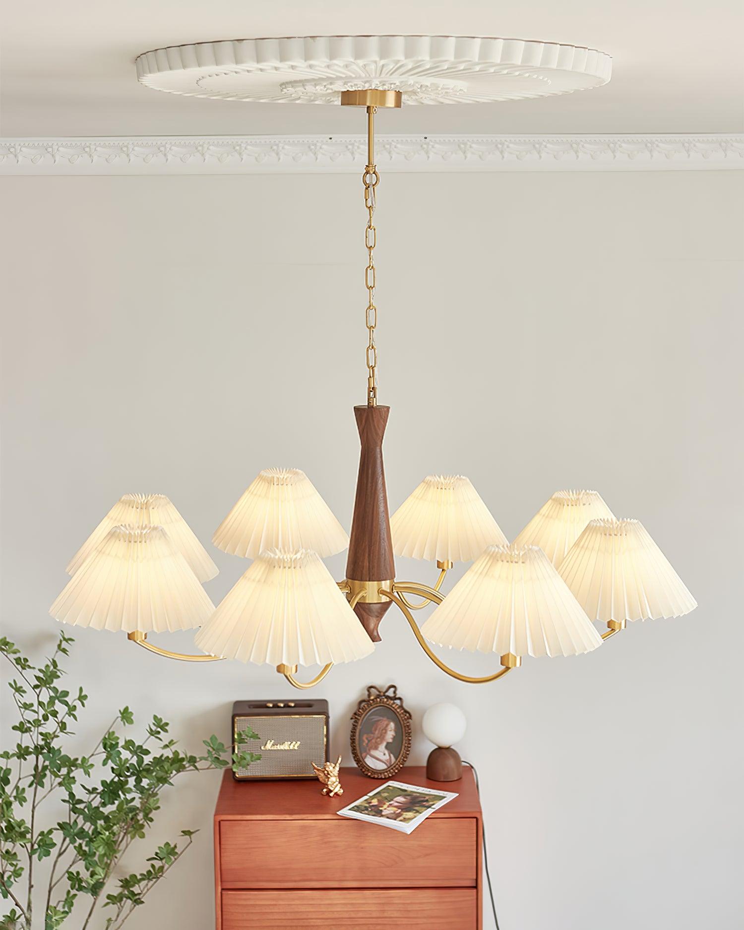 Mid Century Modern Pleated Fabric Chandelier with Walnut Wood and Brass Arms