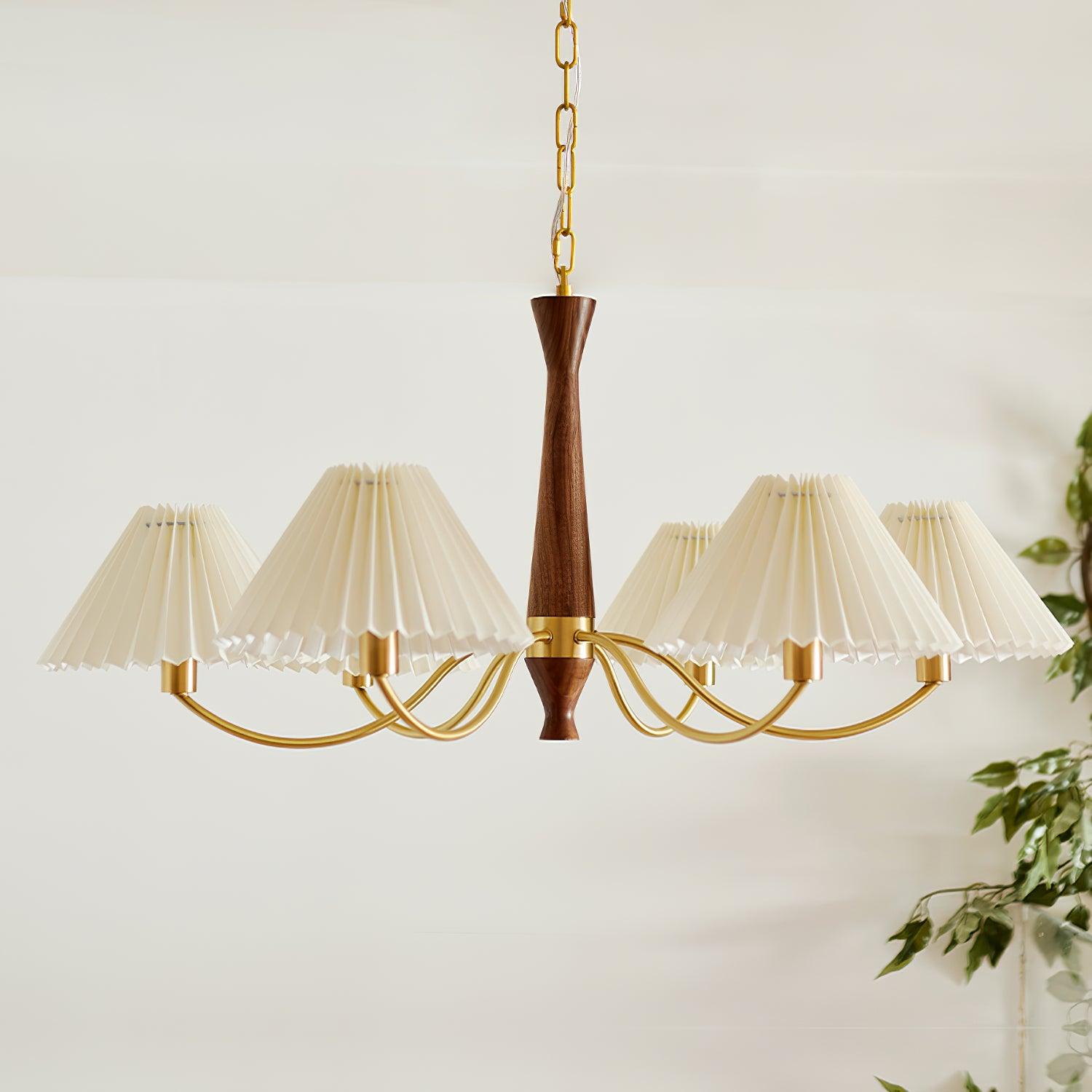 Mid Century Modern Pleated Fabric Chandelier with Walnut Wood and Brass Arms