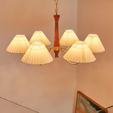 Mid Century Modern Pleated Fabric Chandelier with Walnut Wood and Brass Arms