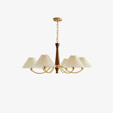 Mid Century Modern Pleated Fabric Chandelier with Walnut Wood and Brass Arms