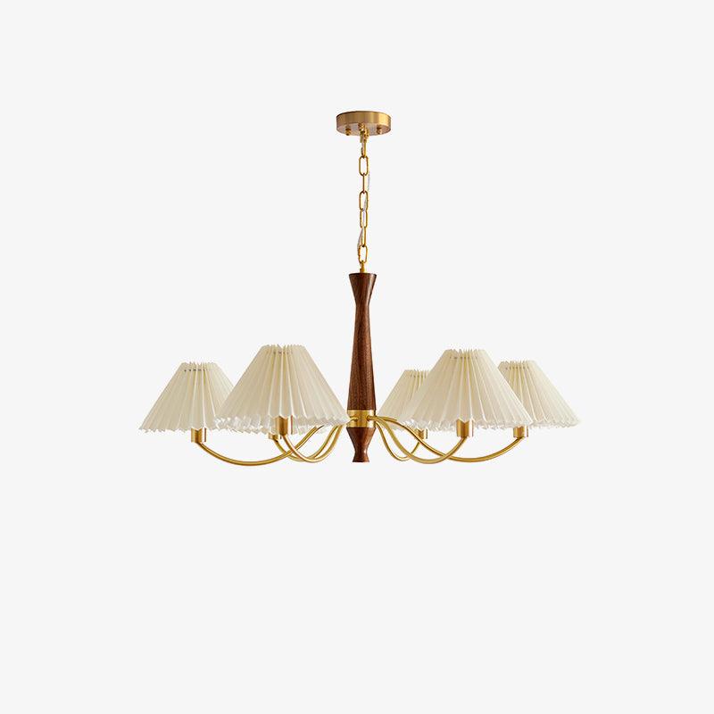 Mid Century Modern Pleated Fabric Chandelier with Walnut Wood and Brass Arms