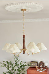Mid Century Modern Pleated Fabric Chandelier with Walnut Wood and Brass Arms