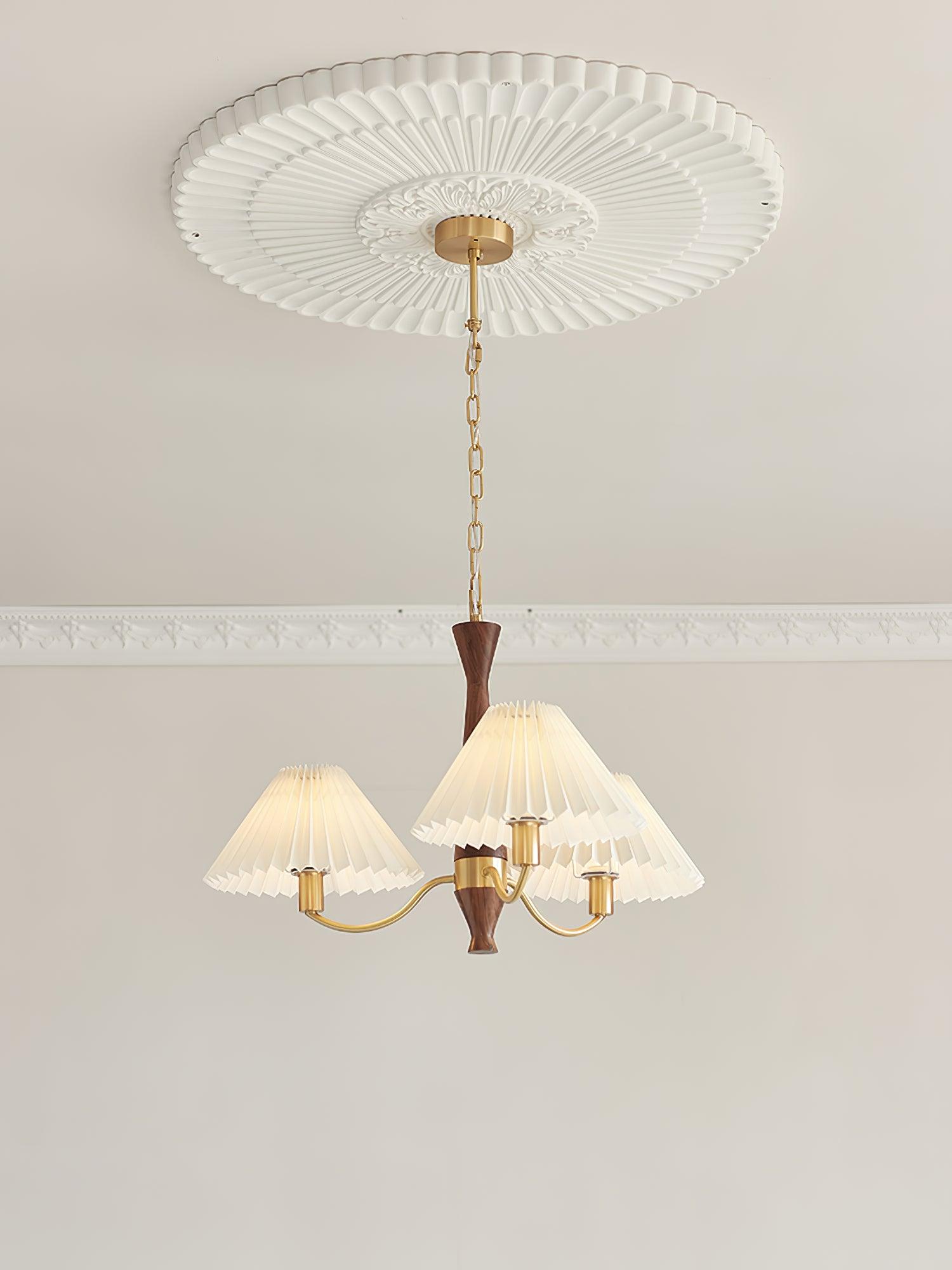 Mid Century Modern Pleated Fabric Chandelier with Walnut Wood and Brass Arms