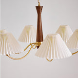 Mid Century Modern Pleated Fabric Chandelier with Walnut Wood and Brass Arms