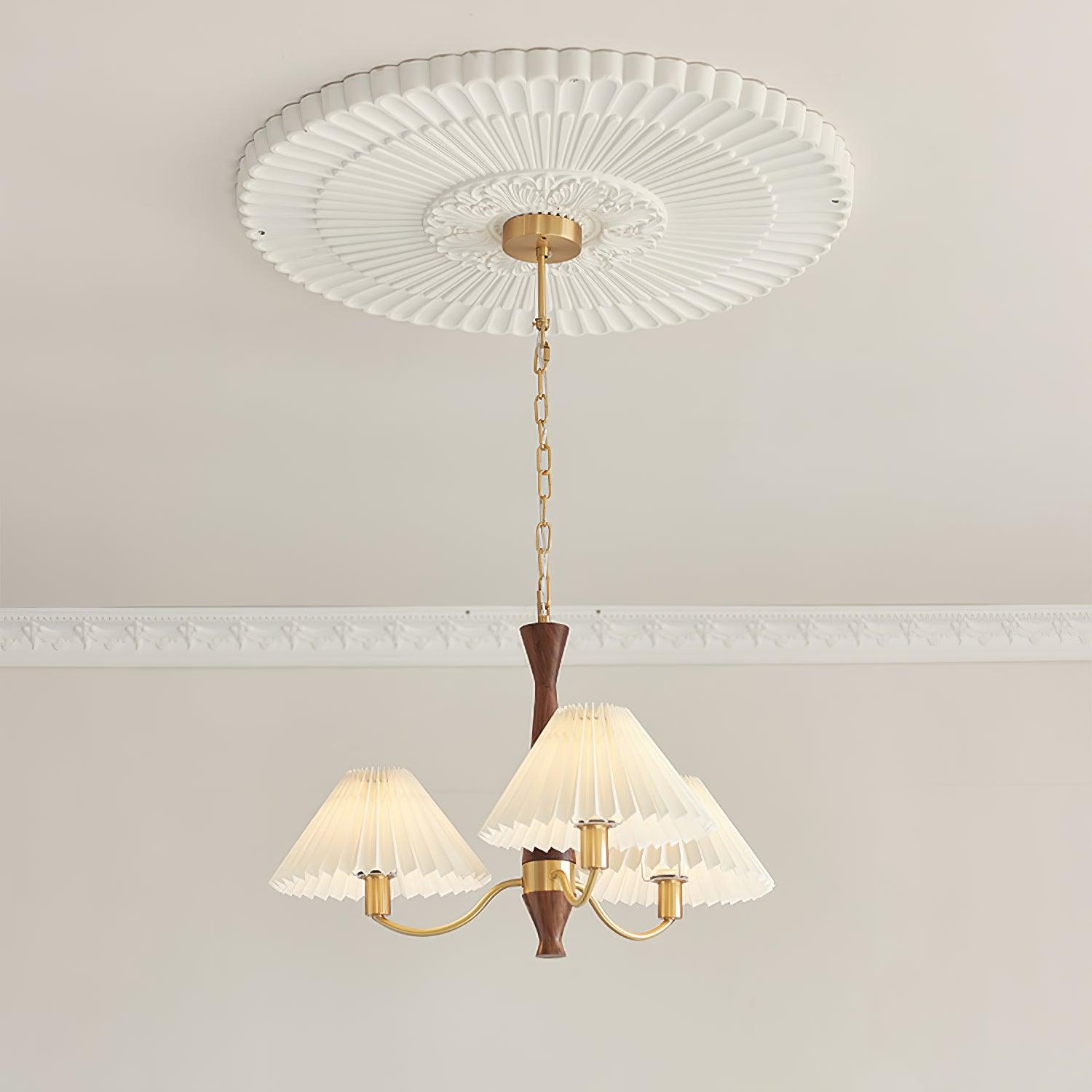 Mid Century Modern Pleated Fabric Chandelier with Walnut Wood and Brass Arms