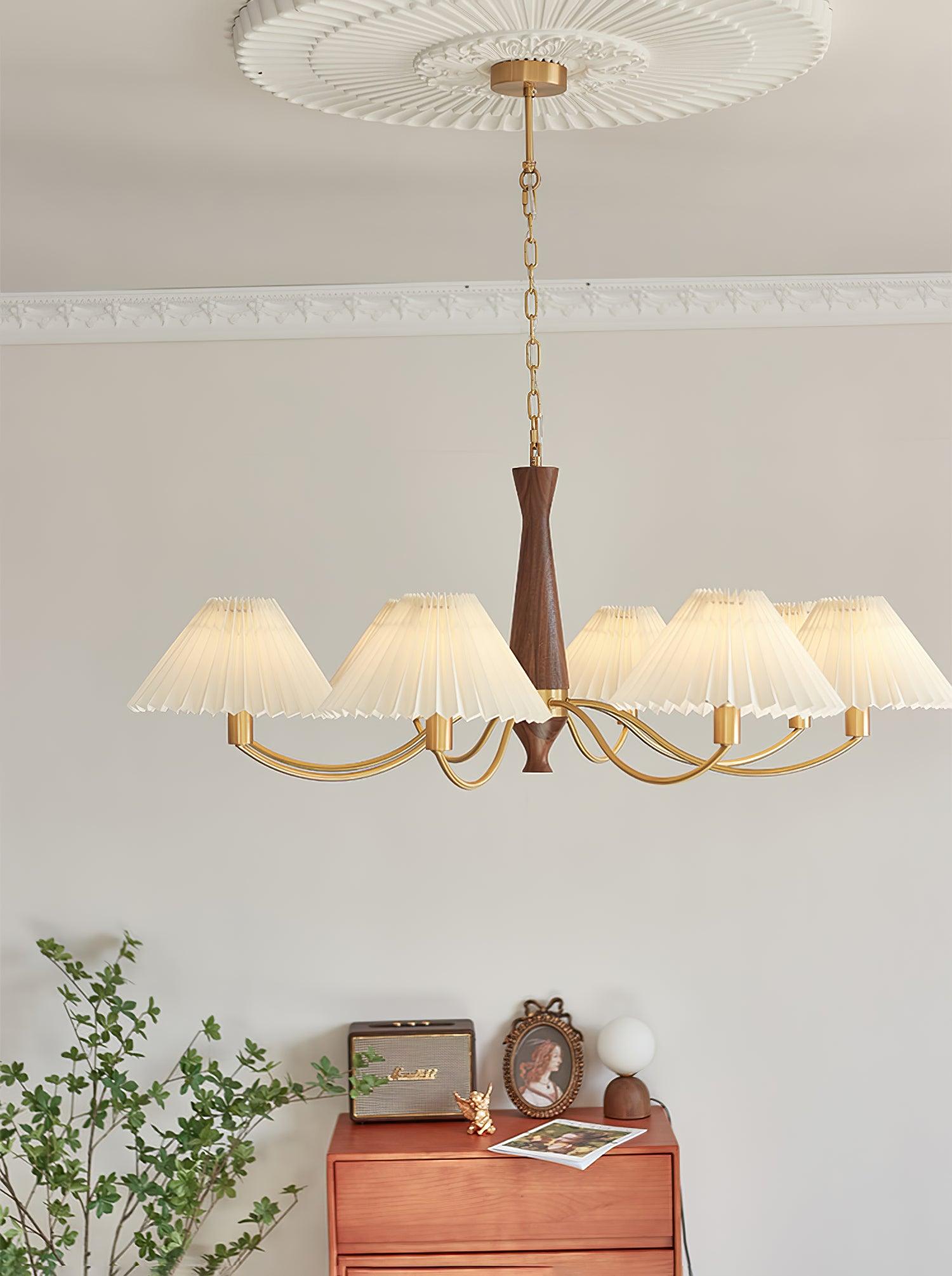 Mid Century Modern Pleated Fabric Chandelier with Walnut Wood and Brass Arms