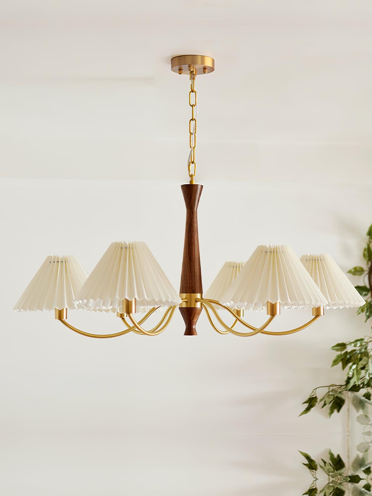Mid Century Modern Pleated Fabric Chandelier with Walnut Wood and Brass Arms