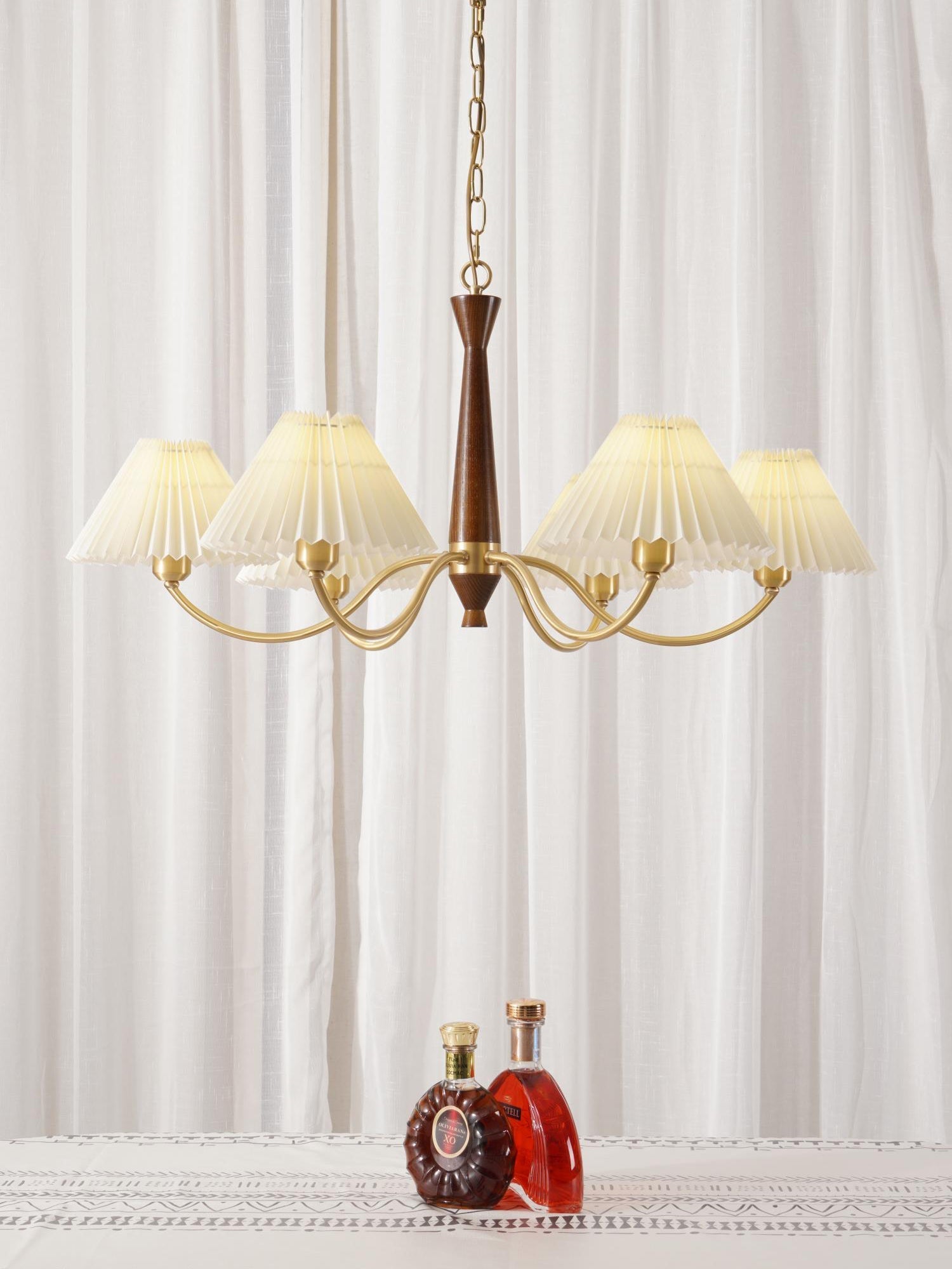 Mid Century Modern Pleated Fabric Chandelier with Walnut Wood and Brass Arms