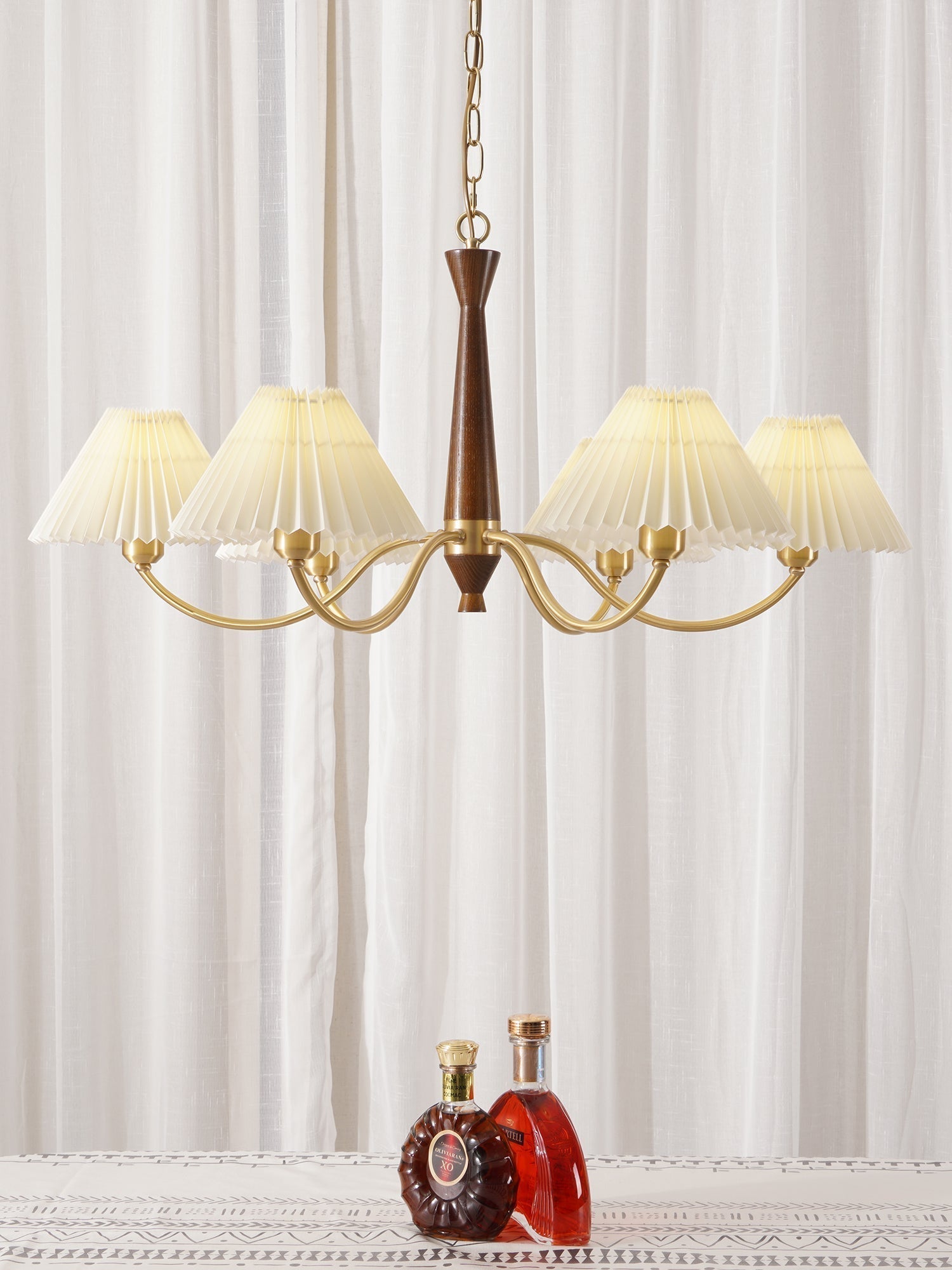 Mid Century Modern Pleated Fabric Chandelier with Walnut Wood and Brass Arms
