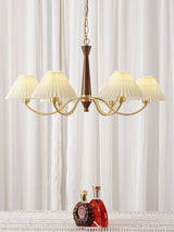 Mid Century Modern Pleated Fabric Chandelier with Walnut Wood and Brass Arms