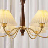 Mid Century Modern Pleated Fabric Chandelier with Walnut Wood and Brass Arms