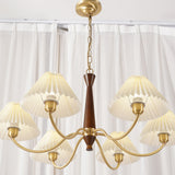 Mid Century Modern Pleated Fabric Chandelier with Walnut Wood and Brass Arms
