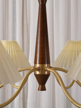 Mid Century Modern Pleated Fabric Chandelier with Walnut Wood and Brass Arms