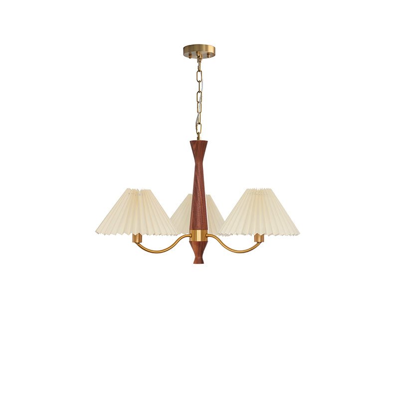 Mid Century Modern Pleated Fabric Chandelier with Walnut Wood and Brass Arms