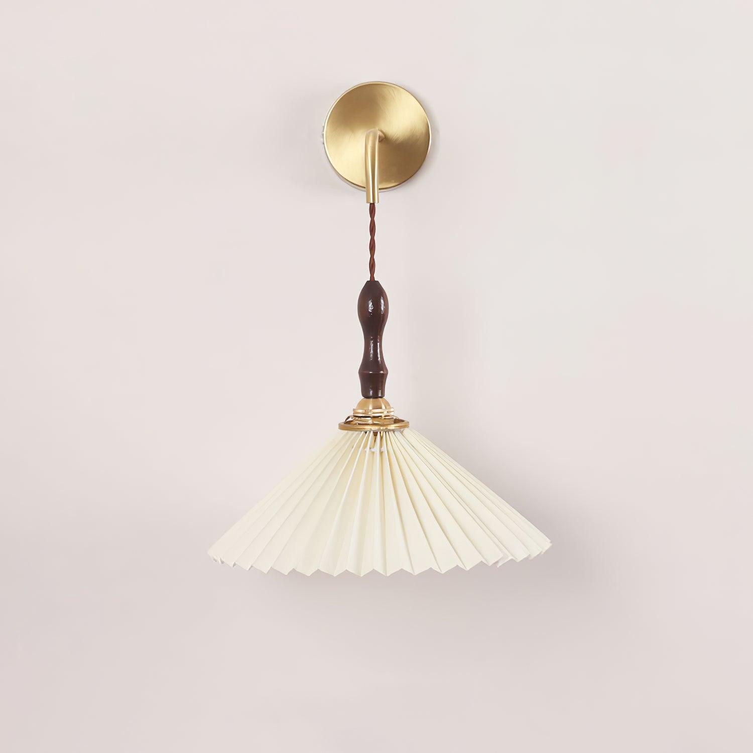 Mid Century Modern Pleated Wall Sconce Walnut Wood and Brass Lamp Set of Two