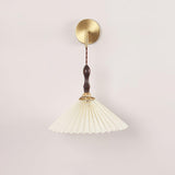 Mid Century Modern Pleated Wall Sconce Walnut Wood and Brass Lamp Set of Two