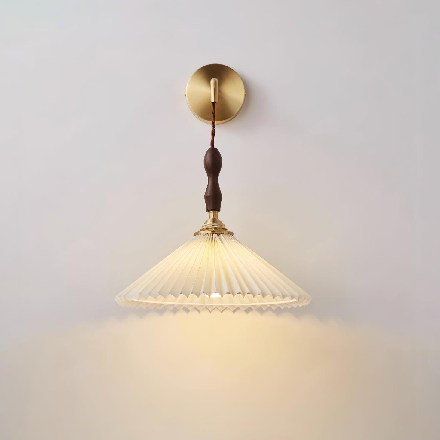 Mid Century Modern Pleated Wall Sconce Walnut Wood and Brass Lamp Set of Two