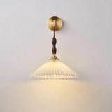 Mid Century Modern Pleated Wall Sconce Walnut Wood and Brass Lamp Set of Two