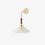 Mid Century Modern Pleated Wall Sconce Walnut Wood and Brass Lamp Set of Two