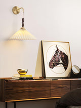 Mid Century Modern Pleated Wall Sconce Walnut Wood and Brass Lamp Set of Two