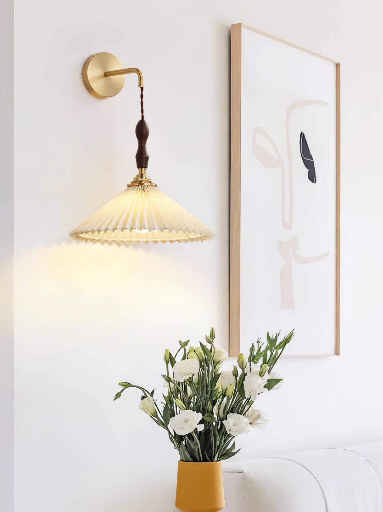 Mid Century Modern Pleated Wall Sconce Walnut Wood and Brass Lamp Set of Two