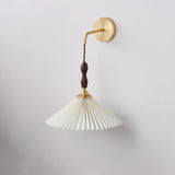 Mid Century Modern Pleated Wall Sconce Walnut Wood and Brass Lamp Set of Two