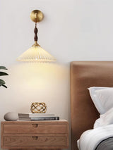 Mid Century Modern Pleated Wall Sconce Walnut Wood and Brass Lamp Set of Two
