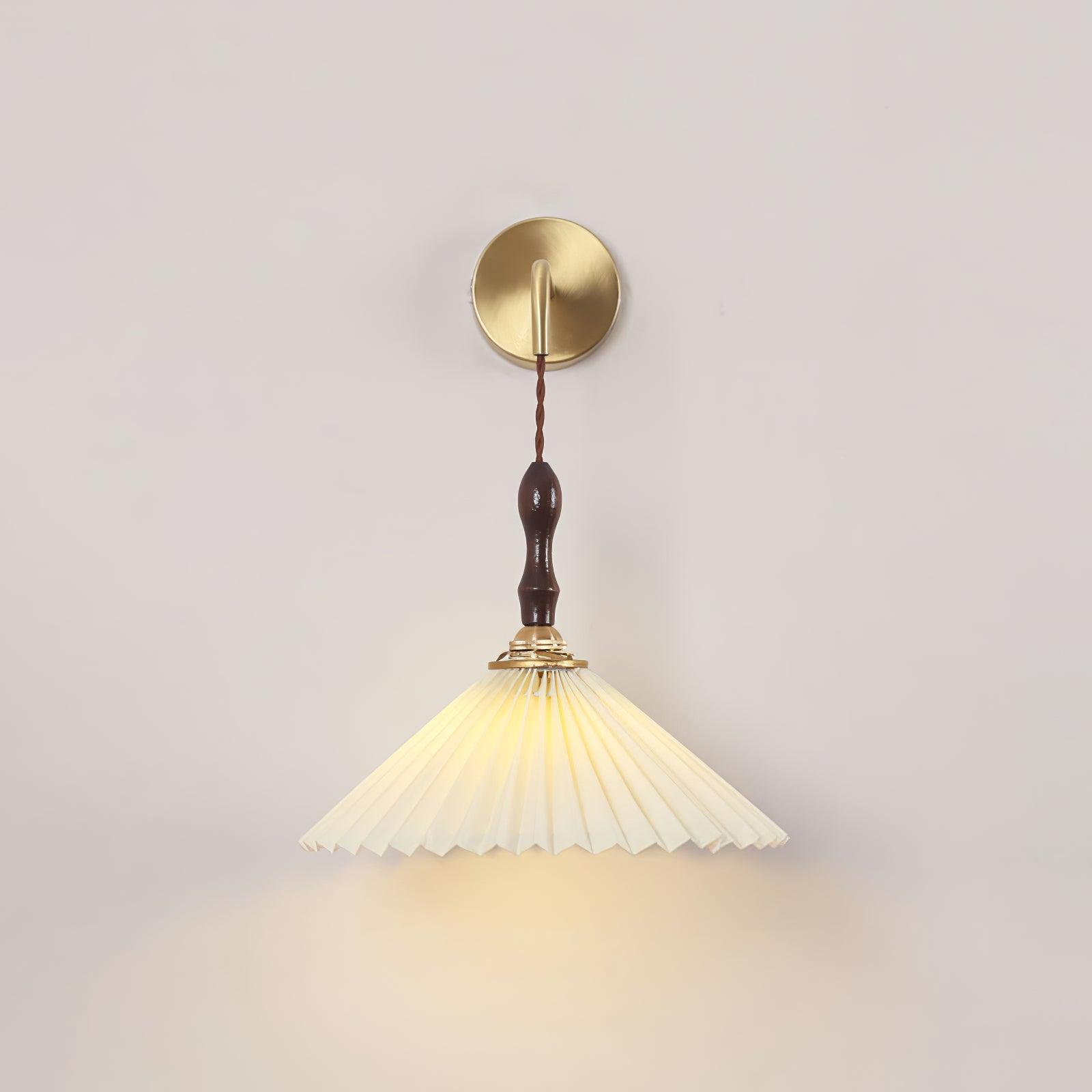 Mid Century Modern Pleated Wall Sconce Walnut Wood and Brass Lamp Set of Two