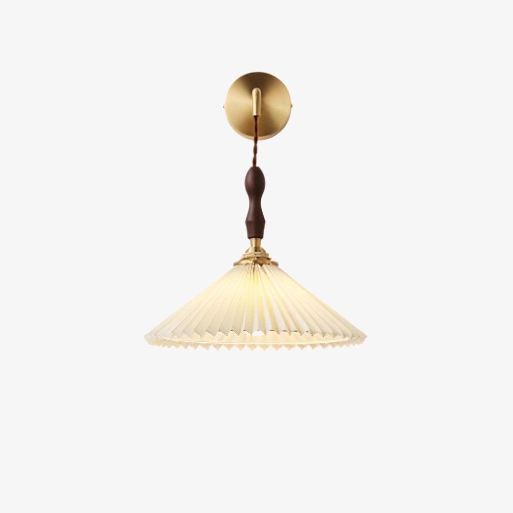 Mid Century Modern Pleated Wall Sconce Walnut Wood and Brass Lamp Set of Two